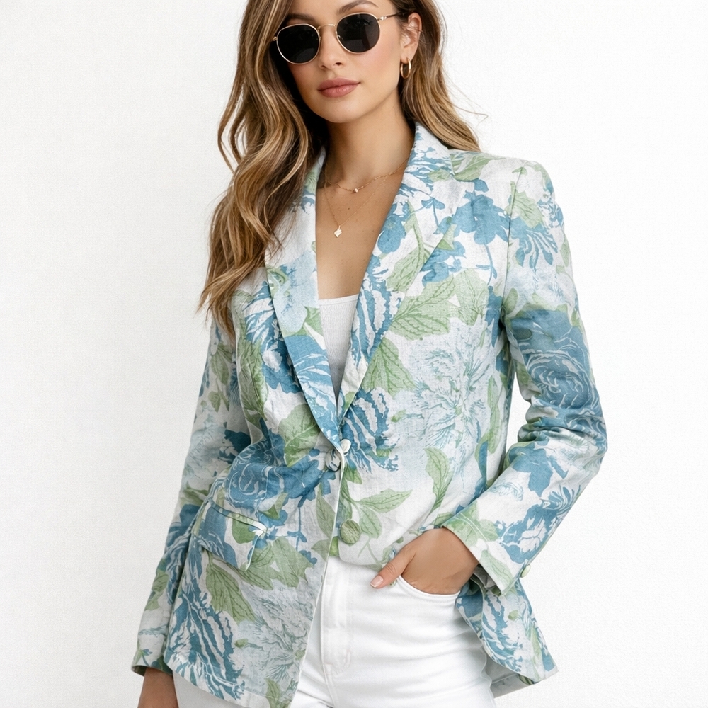 Joie Floral Linen Blazer Blue Green Lightweight Jacket Size S